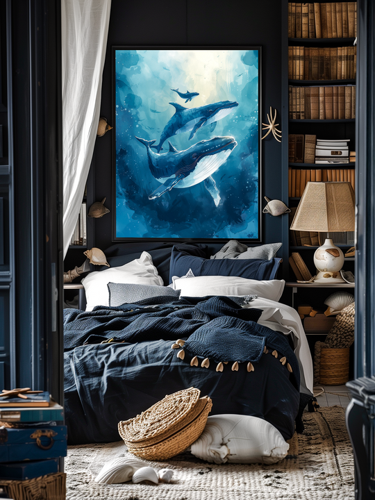 A stylish ocean-inspired bedroom featuring dark blue walls, maritime decor, and a large black-framed poster centered above the bed. The room includes bookshelves, seashell decorations, a globe lamp, and cozy textiles, creating a warm and inviting atmosphere with depth and character.
