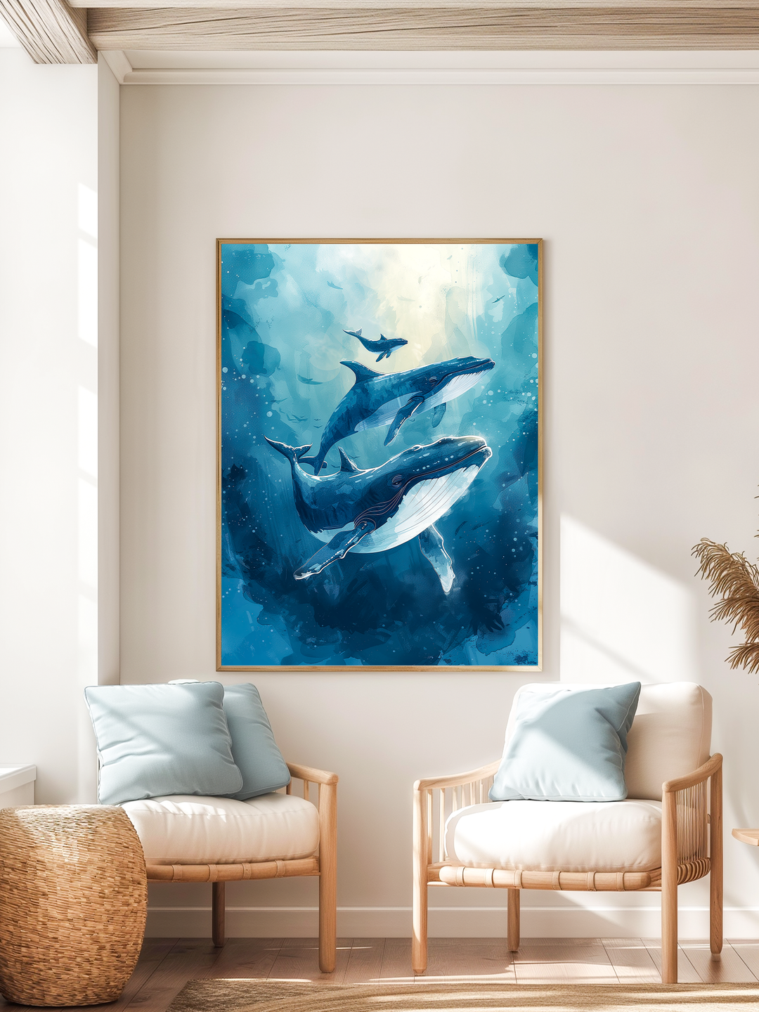 Blue whale wall art in wooden frame hanging between two light rattan chairs with pale cushions, surrounded by soft natural light in a cozy coastal-inspired interior.
