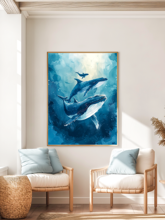 Blue whale wall art in wooden frame hanging between two light rattan chairs with pale cushions, surrounded by soft natural light in a cozy coastal-inspired interior.