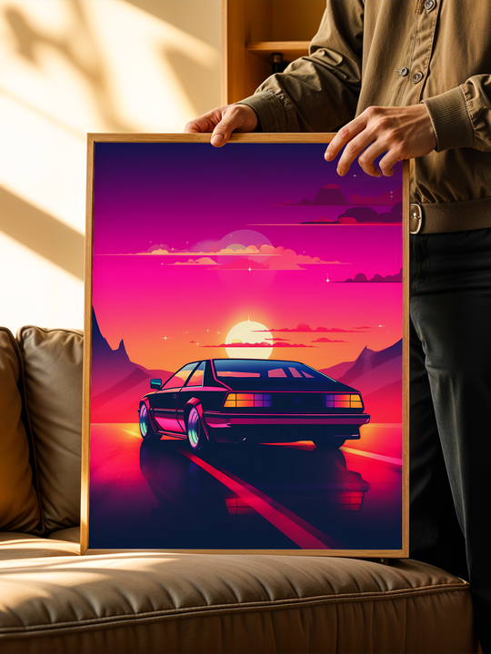 A person in a casual jacket holds a framed poster depicting a retro sports car driving toward a glowing neon sunset. The artwork features vibrant purples, pinks, and oranges with a synthwave aesthetic. The scene is set in a cozy living space with natural light and a leather couch.