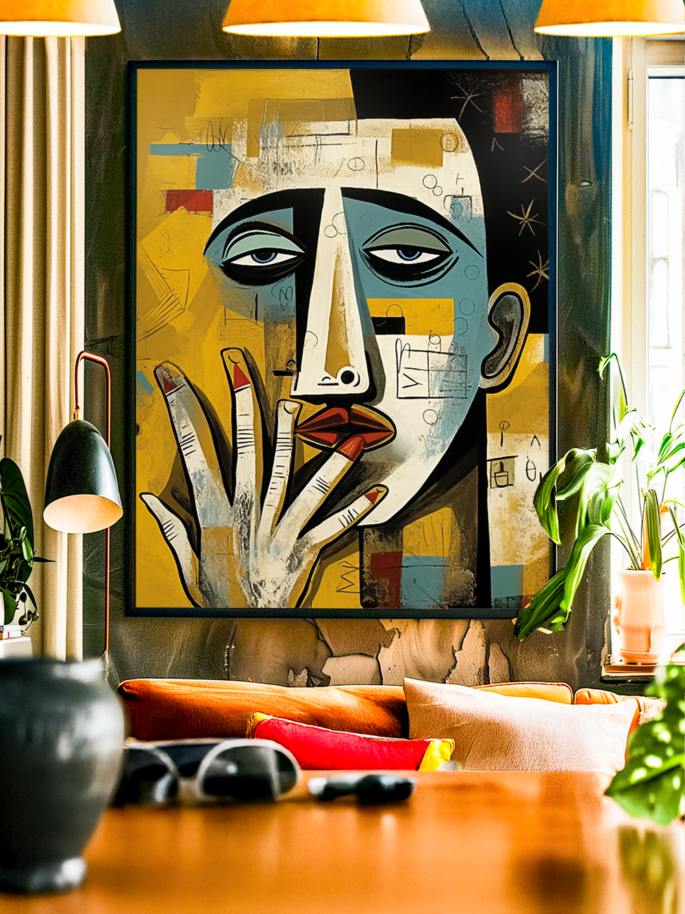 Expressive abstract face artwork inspired by Picasso and neo-cubism: geometric blocks, textured brushwork, and a striking hand gesture in mustard yellow, teal blue, and warm neutrals. Designed as a large statement poster for modern living rooms, gallery walls, and eclectic interiors, this contemporary wall art elevates mid-century and maximalist decor while adding artistic character and depth.