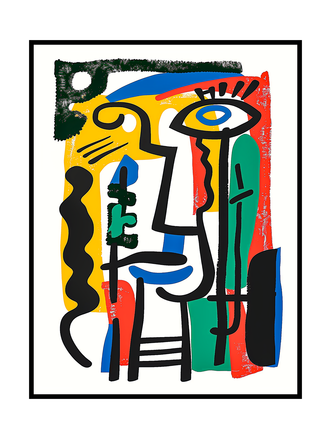 Abstract cubist face with bold black outlines, simplified shapes, and vibrant color blocks, inspired by Picasso-style modern art with a playful, expressive and graphic composition.