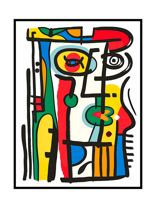 Modern cubist face illustration with bold black outlines, abstract geometric forms, and vibrant primary colors, inspired by Picasso-style modern art and expressive minimalist composition.