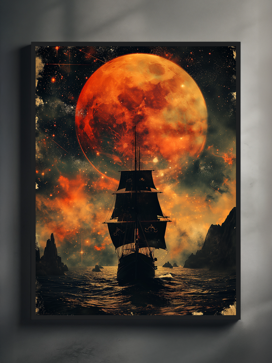 Framed poster featuring a dramatic silhouette of a pirate ship sailing across glowing waters beneath a massive red moon, displayed on a clean white wall with soft lighting and visible shadows. The artwork blends fantasy, adventure, and nautical themes, ideal for bold interior decor.