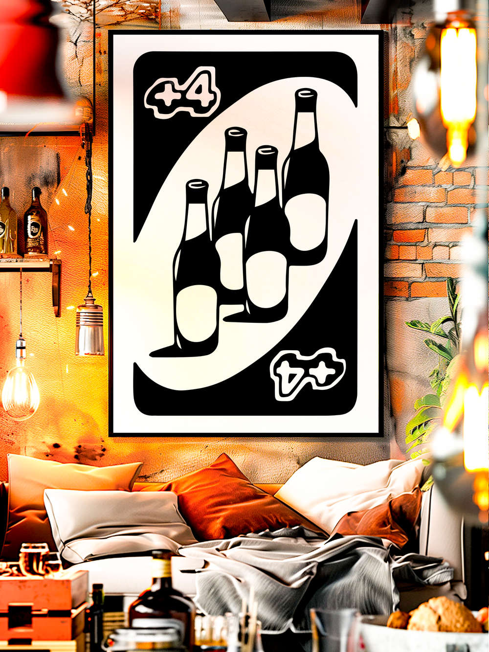 A bold black and white poster with four beer bottles styled like an UNO +4 card hangs on an exposed brick wall. The room has a warm industrial bar atmosphere with hanging lights, liquor bottles on shelves, and a cozy bed with orange and white pillows, blending nightlife and home comfort in a stylish scene.