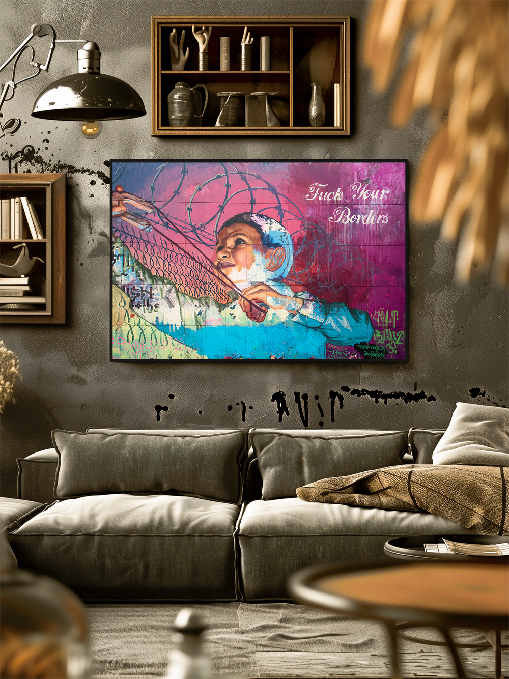 A colorful street art-style poster with the text “Fuck Your Borders” featuring a child holding a net against barbed wire hangs on a textured gray wall above a plush gray sofa. The industrial living room has wooden shelving with kitchen items, a black metal pendant lamp, and a neutral color palette with warm lighting, creating a cozy yet urban atmosphere.