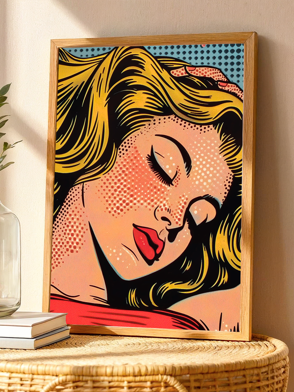 A colorful pop art print of a blonde woman with closed eyes and red lips, framed in natural wood and displayed leaning against a white wall on a woven round table next to books and a plant.