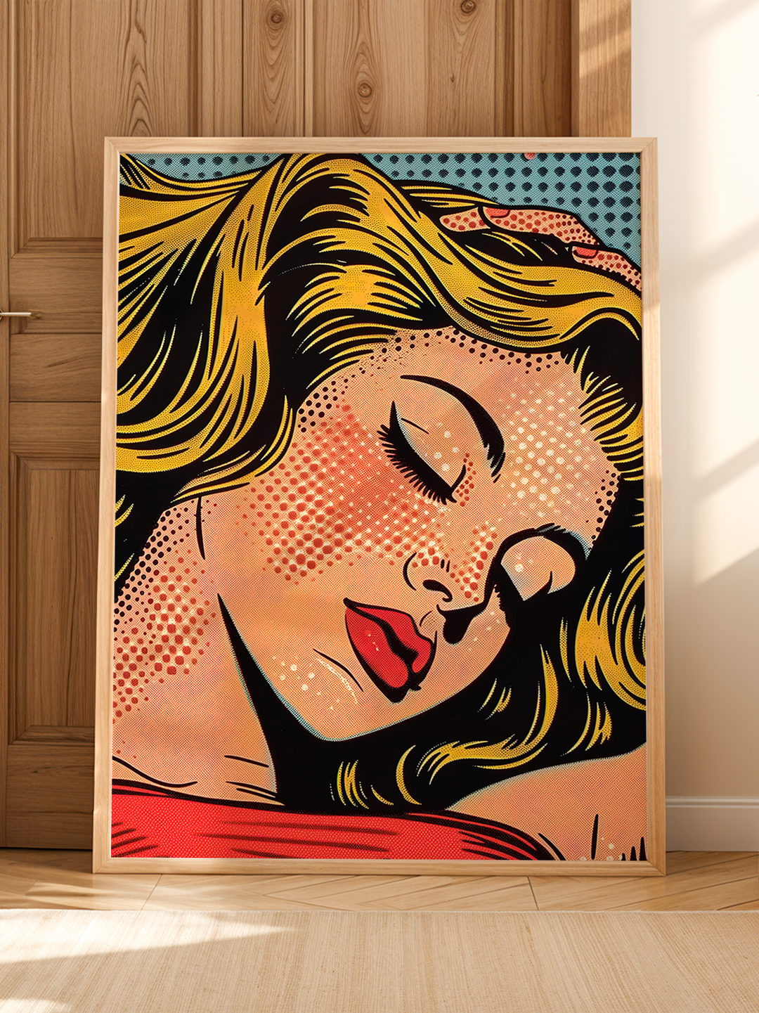 A colorful pop art poster featuring a close-up of a blonde woman with red lips and closed eyes, displayed in a light wooden frame, leaning against a wooden wall on a bright wooden floor with sunlight casting soft shadows.