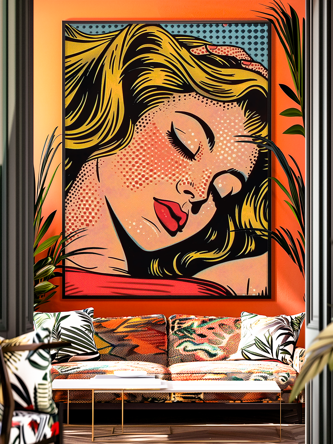 A vibrant pop art wall print of a blonde woman with closed eyes, red lips, and bold comic-style shading, inspired by retro Roy Lichtenstein aesthetics. The artwork features striking colors of yellow, red, black, and blue dots, framed in a modern living space with patterned cushions, tropical plants, and a stylish sofa, creating a bold and artistic atmosphere.