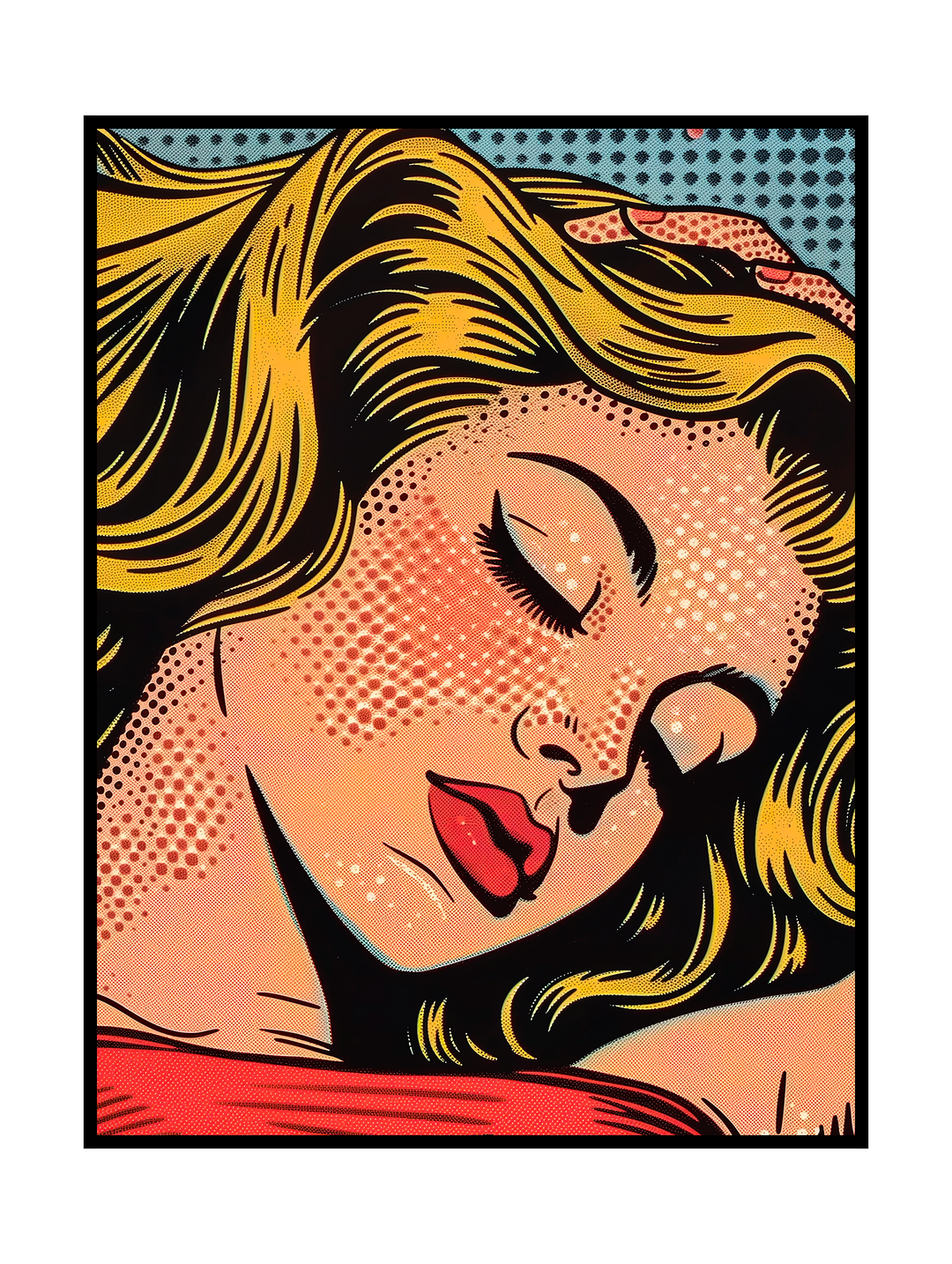 Bold pop art illustration of a woman’s face with closed eyes, golden hair, and red lips, rendered in vintage comic book style with halftone dots, strong outlines, and retro color palette inspired by classic pop art aesthetics.