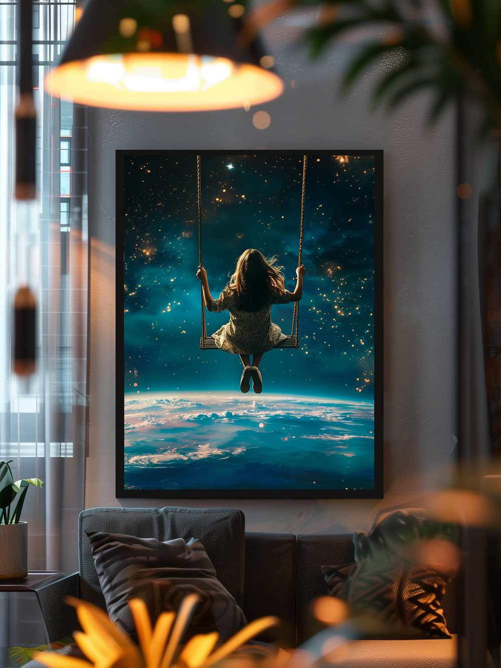 Framed poster of a girl on a swing floating above Earth with glowing stars, mounted on a textured wall in a cozy living room with soft lighting, curtains, indoor plants, and warm decorative elements that create a peaceful, dreamy evening atmosphere.