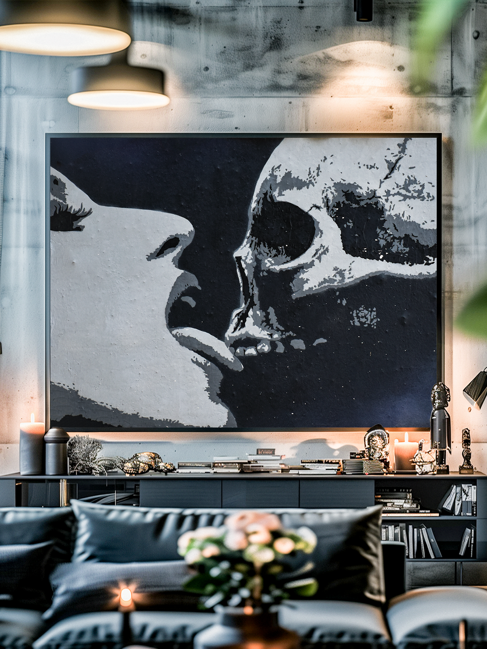 A striking black and white graffiti style poster depicting a provocative scene of a woman licking a skull, symbolizing passion, mortality, and the tension between desire and death. Displayed in a dark modern interior with shelves, flowers, and warm lighting, this artwork creates an edgy, urban atmosphere that pushes boundaries in contemporary wall décor.