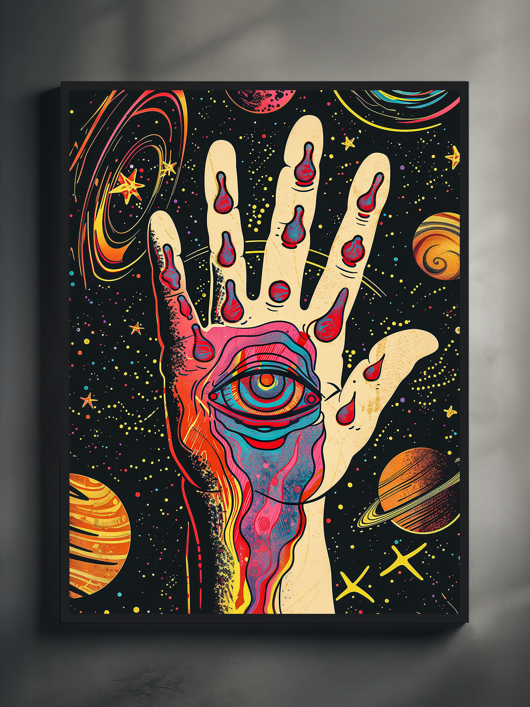 Colorful surreal artwork of a hand with an eye and dripping elements, surrounded by stars and planets, framed in black, displayed against a simple wall with gentle sunlight and soft shadows.