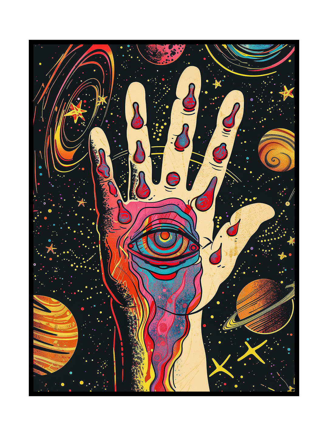 Surreal psychedelic artwork depicting an open hand floating in outer space, featuring a large all seeing eye in the palm with vivid dripping colors. The scene is surrounded by planets, stars, and swirling cosmic forms, creating a mystical, trippy atmosphere with strong symbolism, vibrant contrasts, and a dreamlike sci-fi aesthetic.