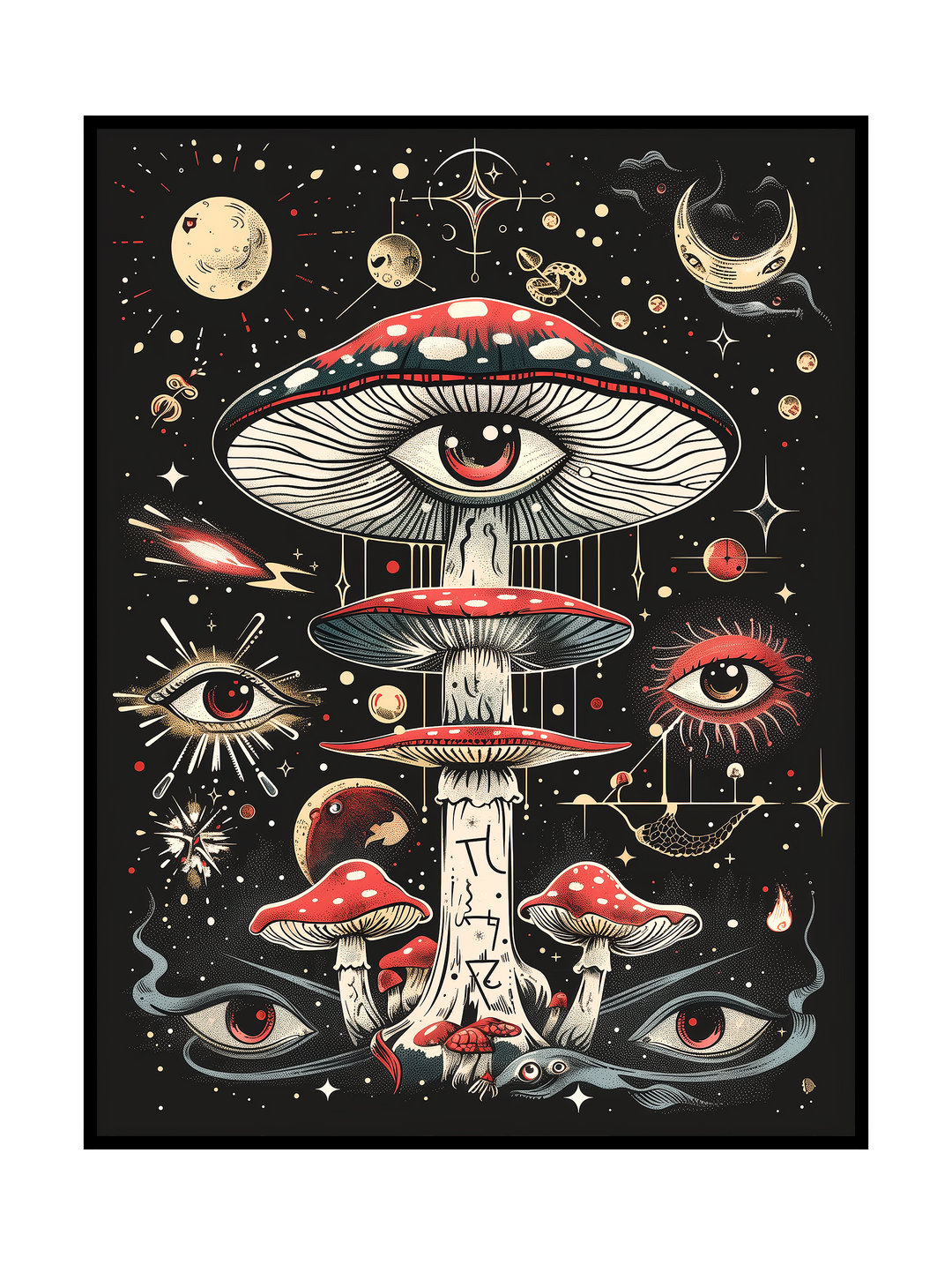 Detailed psychedelic illustration showing a towering mushroom formation in outer space, featuring a large all seeing eye embedded in the central cap. Surrounded by floating eyes, moons, stars, and cosmic symbols on a dark background, the artwork blends surreal fantasy, mystical symbolism, and retro psychedelic aesthetics with fine linework and vibrant red and cream tones.