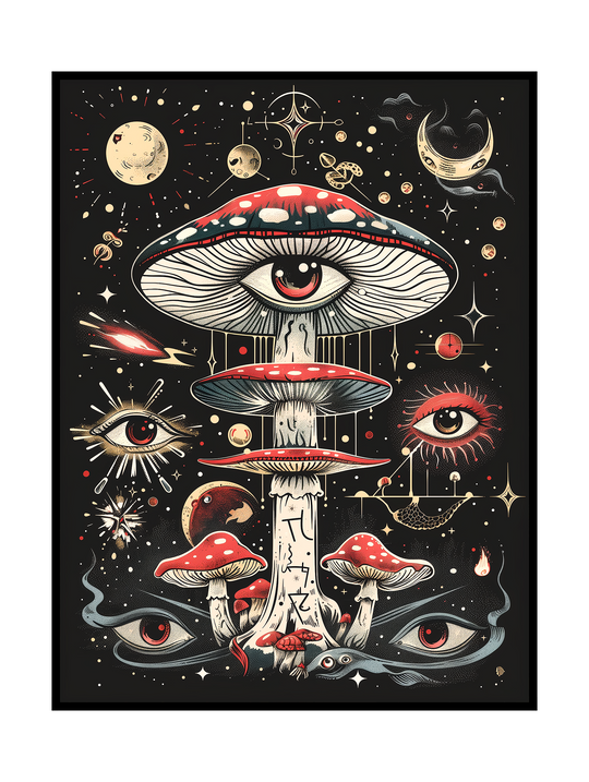 Detailed psychedelic illustration showing a towering mushroom formation in outer space, featuring a large all seeing eye embedded in the central cap. Surrounded by floating eyes, moons, stars, and cosmic symbols on a dark background, the artwork blends surreal fantasy, mystical symbolism, and retro psychedelic aesthetics with fine linework and vibrant red and cream tones.
