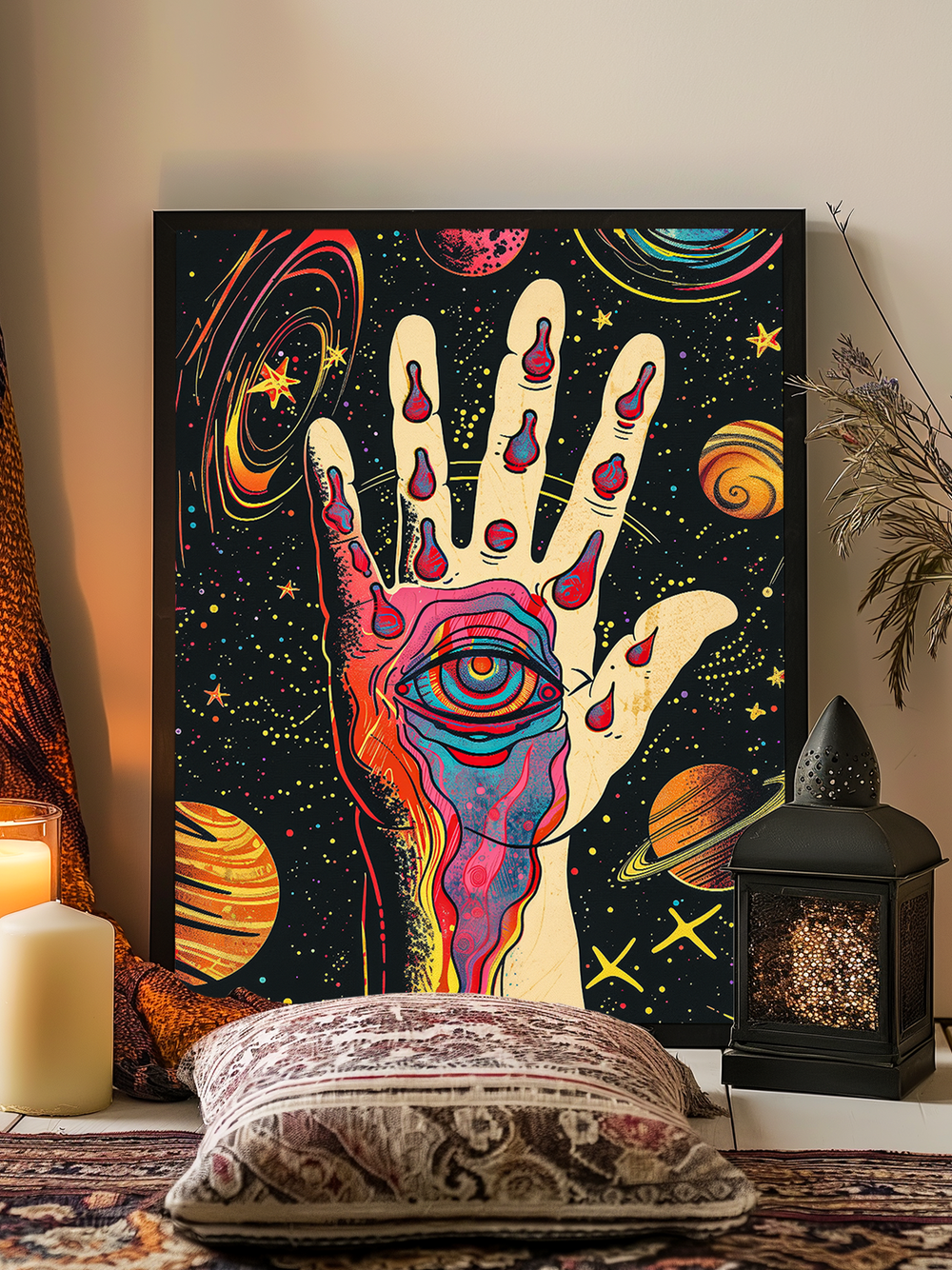 Colorful psychedelic poster showing a surreal hand with an eye surrounded by planets and stars, framed in a black frame, styled with cushions, candles, and a lantern in a cozy, softly lit room.
