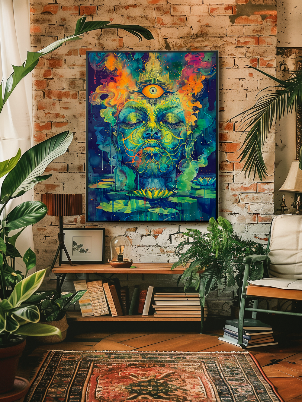 A vibrant psychedelic art poster featuring a meditative face with a third eye hangs on a rustic brick wall. The room is filled with lush green plants, vintage furniture, bookshelves, and a patterned rug, creating a cozy, bohemian atmosphere.