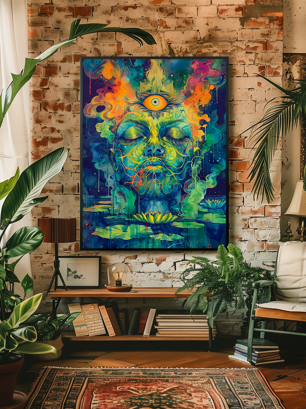 Vibrant psychedelic artwork featuring a meditative face with a third eye and colorful cosmic flames, hanging on an exposed brick wall in a cozy bohemian living room. The room includes lush green plants, a vintage rug with intricate patterns, wooden bookshelves filled with books, a modern lamp, and a comfortable chair with white cushions, creating a warm and artistic atmosphere perfect for relaxation and contemplation.