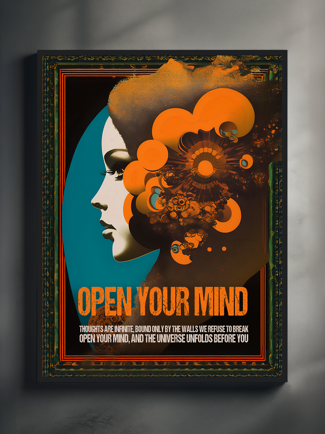 Close-up of a psychedelic retro poster featuring a female silhouette and bold orange abstract shapes. The poster displays the phrase “Open Your Mind” and is set in a decorative, vintage-style frame against a neutral wall background.