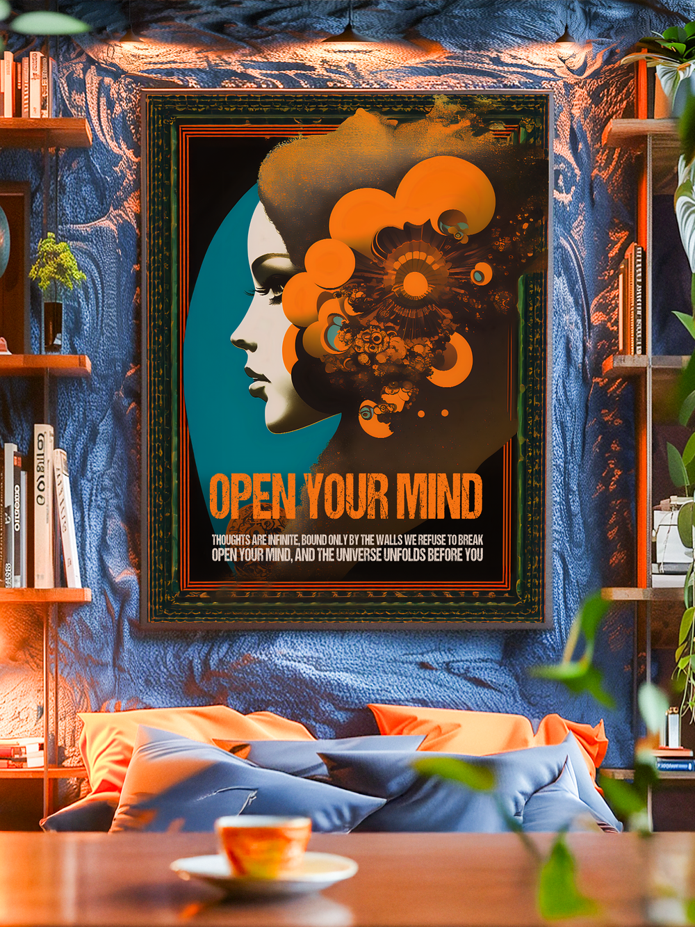 Vibrant retro-futuristic wall art featuring a female profile with abstract circular and fractal shapes in orange, yellow, and black tones against a turquoise background. The text “Open Your Mind” stands out in bold orange letters, framed in a dark ornate border. The scene shows the artwork displayed in a cozy room with bookshelves, plants, and colorful pillows, creating a creative and inviting atmosphere.