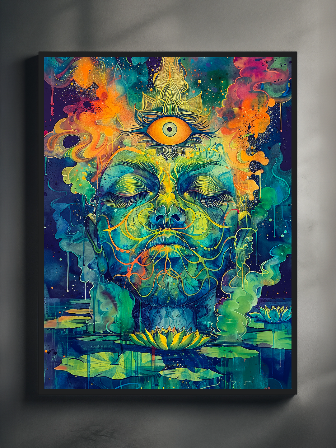 Vibrant psychedelic wall art featuring a serene blue face with a glowing third eye, colorful smoke swirls, lotus flowers, and a cosmic night background in neon tones.