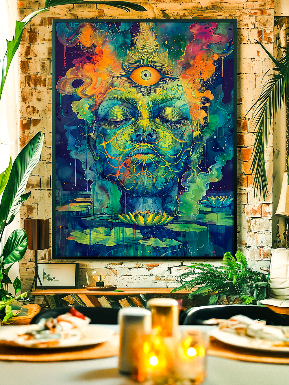 Colorful psychedelic poster depicting a serene meditating face with a glowing third eye, surrounded by vibrant abstract smoke, lotus flowers, and cosmic energy, displayed in a rustic living room interior with plants and warm ambient light.