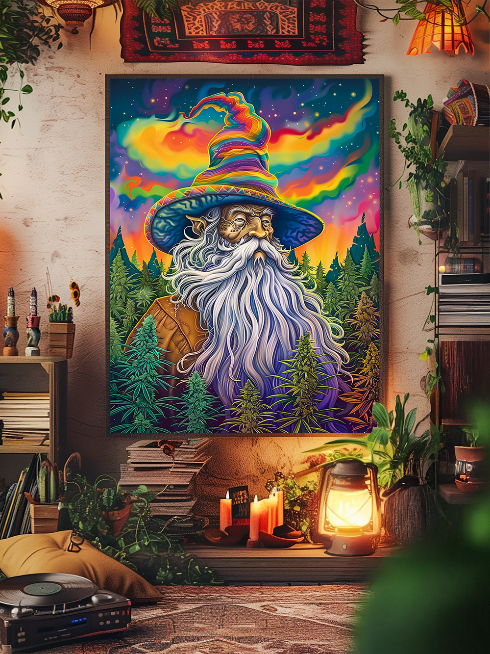 A colorful psychedelic painting of a wizard with a long white beard and a rainbow-striped hat, set against a starry sky with northern lights, hangs on the wall of a cozy bohemian living space. The room features wooden shelves with plants and books, lit candles, a vintage lantern, a turntable, and layered rugs, creating a warm, eclectic atmosphere with lush greenery and a relaxed vibe.