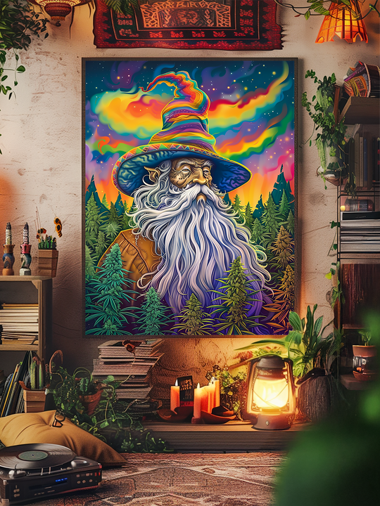 A colorful psychedelic painting of a wizard with a long white beard and a rainbow-striped hat, set against a starry sky with northern lights, hangs on the wall of a cozy bohemian living space. The room features wooden shelves with plants and books, lit candles, a vintage lantern, a turntable, and layered rugs, creating a warm, eclectic atmosphere with lush greenery and a relaxed vibe.