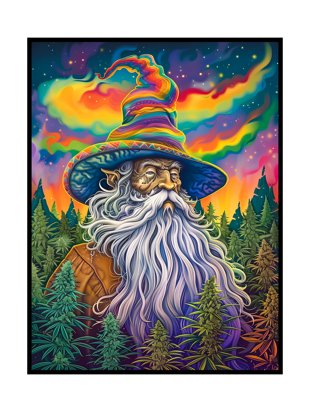 Vivid psychedelic illustration showing an elderly wizard with a long flowing beard and a colorful, swirling hat, set against a starry night sky with rainbow clouds. The figure is surrounded by dense cannabis plants and forest greenery, rendered in highly detailed, vibrant colors that create a mystical, surreal, and fantasy-inspired atmosphere.