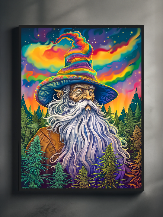 Vibrant psychedelic artwork showing an old wizard with a long flowing beard and a rainbow-striped hat, standing in a neon forest under a glowing colorful sky.