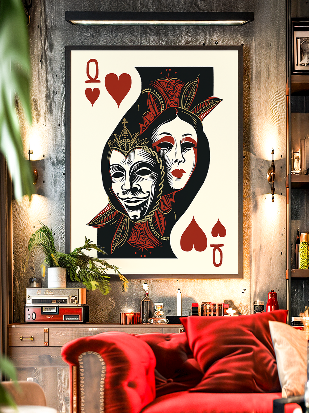A bold, artistic poster depicting a stylized queen card with two faces – one smiling and one serious – in black, red, and white tones. The design features intricate patterns and playing card symbols, displayed on a textured wall above a wooden console and a red velvet sofa, surrounded by modern decor and plants.