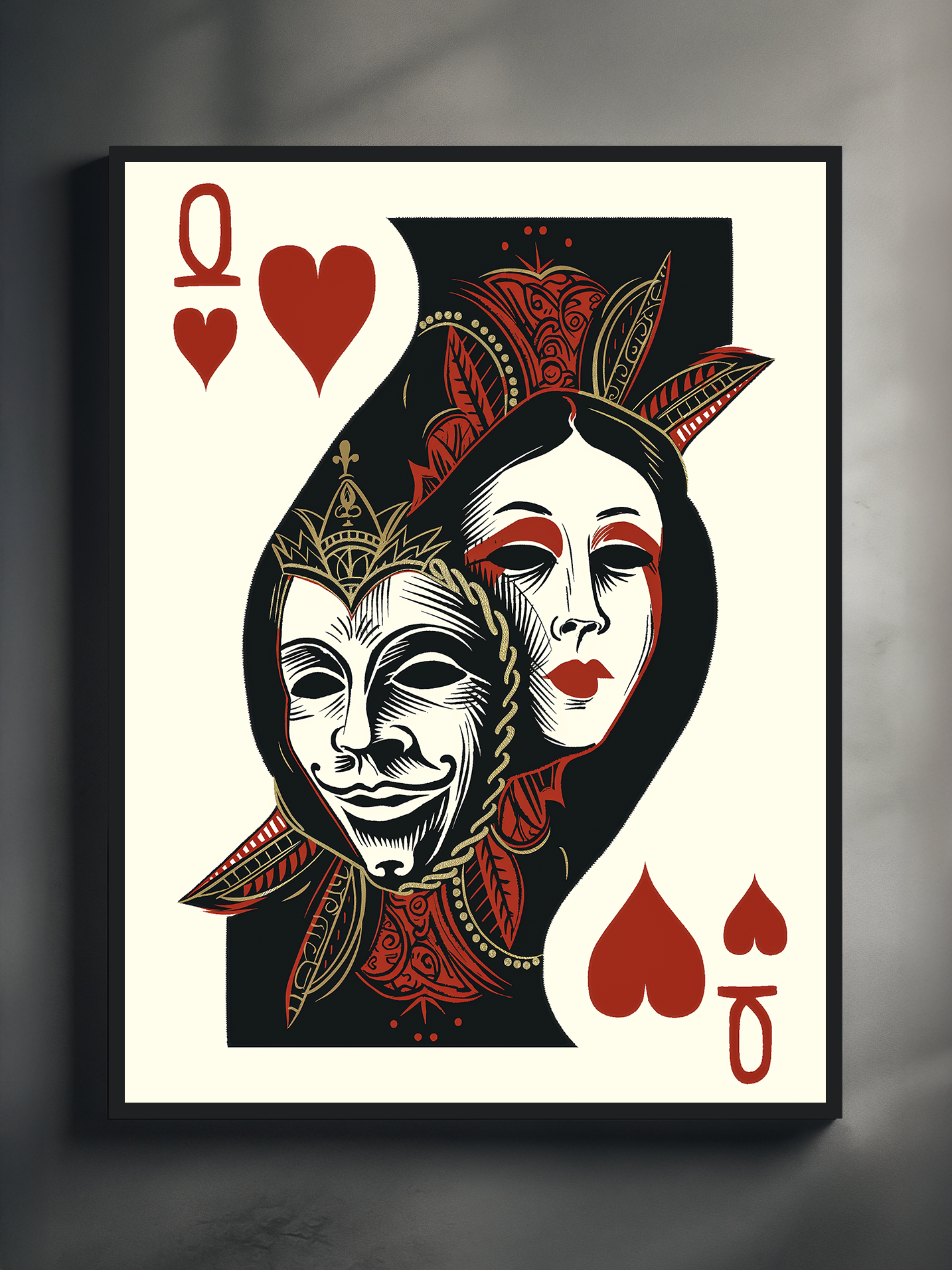 Bold Queen of Hearts playing card wall art featuring a stylized couple with Venetian masquerade masks, red and gold ornamental details, and a dramatic black background, modern casino and poker decor print.