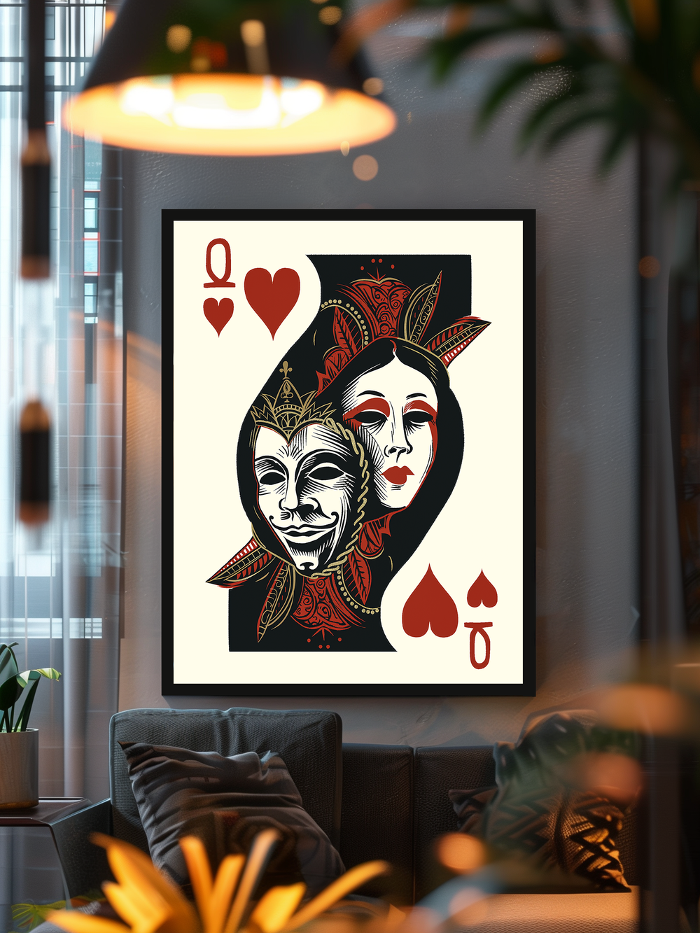 A striking Queen of Hearts art print with bold red and black tones hangs above a dark gray sofa in a softly lit, modern living room. Surrounded by plush pillows, hanging lamps, and indoor plants, the setting combines contemporary elegance with artistic flair for a stylish and inviting atmosphere.