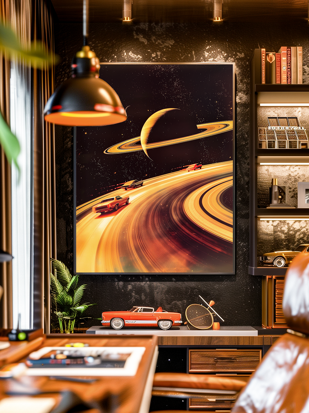 A retro-futuristic poster of cars racing along Saturn’s rings hangs in a black textured wall of a stylish home office. The space features warm lighting, wooden furniture, collectibles like model cars and a bicycle sculpture, and blurred foreground objects to create depth. A matte black pendant lamp glows above the framed artwork, blending the poster seamlessly into the automotive-themed decor.
