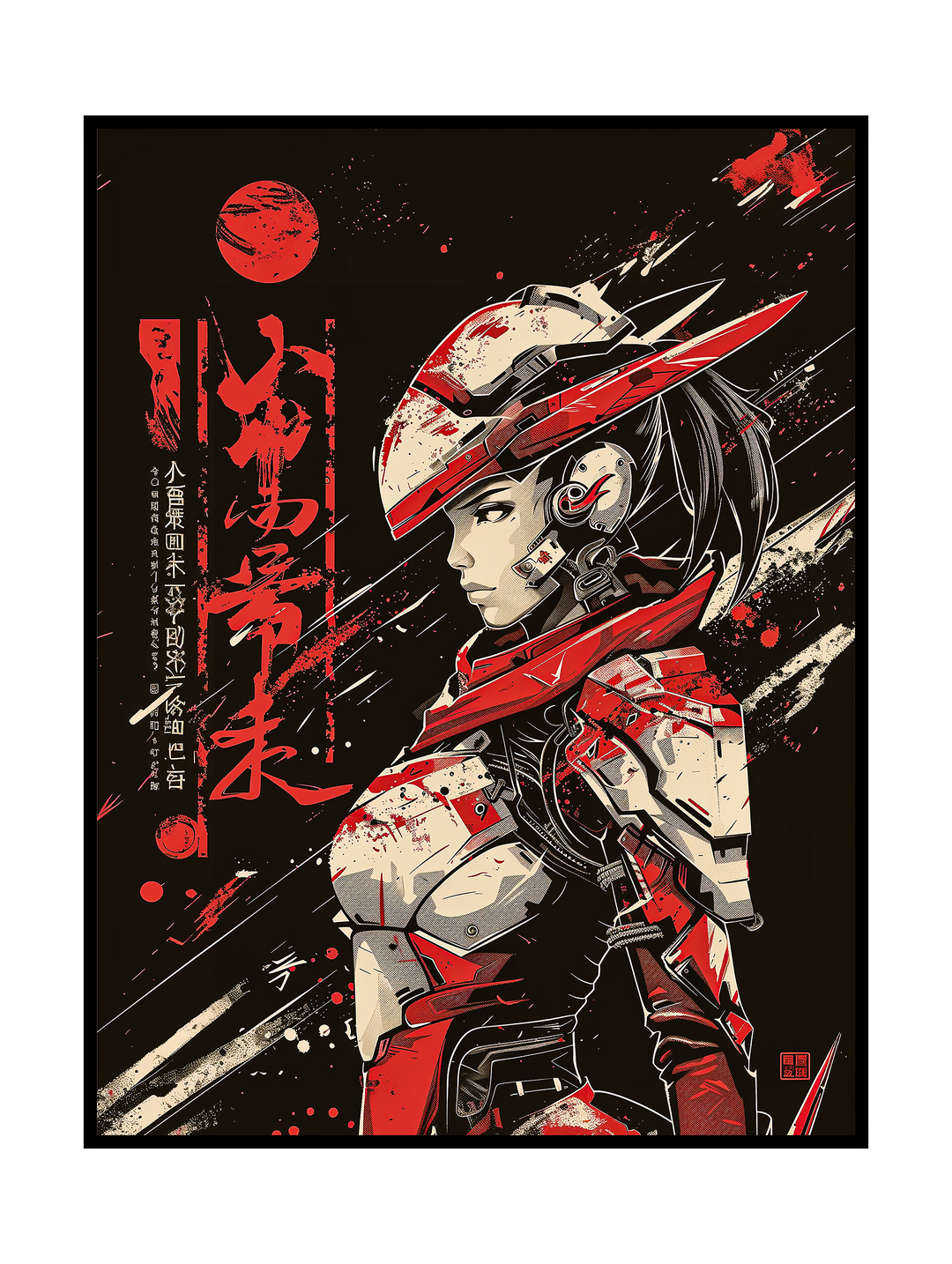 Stylized cyberpunk artwork depicting a futuristic female samurai in red and white armor against a dark background. The composition features sharp graphic brush strokes, Japanese characters, and a bold red color palette, creating a powerful sci-fi warrior aesthetic with a sleek, dystopian cyberpunk mood.