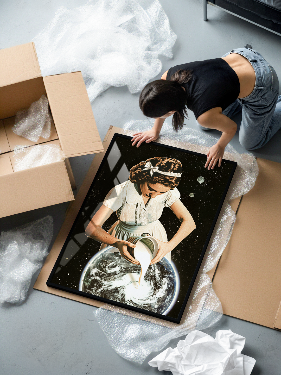 Premium retro-futuristic space artwork in 1950s illustration style, showing a woman pouring liquid onto a planet as if shaping its creation. A surreal cosmic concept blending mid-century aesthetics, high-quality sci-fi art, and modern space-themed wall decor designed for premium interior settings.