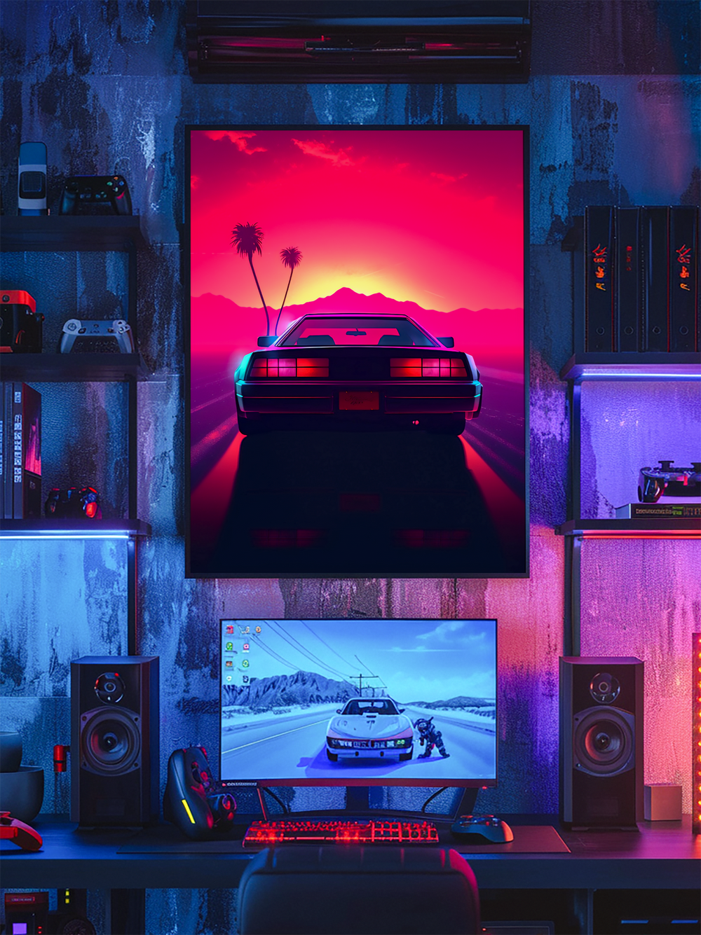 A stylish gaming room featuring a large neon-themed poster of a retro sports car driving into a vivid pink and purple sunset, mounted above a dual-speaker desktop gaming setup with a racing game displayed on a curved monitor. The room is illuminated with moody blue and purple LED lights, creating a cyberpunk aesthetic with shelves holding consoles, controllers, and decor in a modern, immersive environment.
