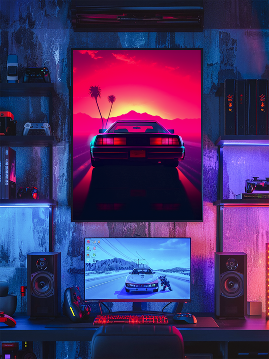 A stylish gaming room featuring a large neon-themed poster of a retro sports car driving into a vivid pink and purple sunset, mounted above a dual-speaker desktop gaming setup with a racing game displayed on a curved monitor. The room is illuminated with moody blue and purple LED lights, creating a cyberpunk aesthetic with shelves holding consoles, controllers, and decor in a modern, immersive environment.