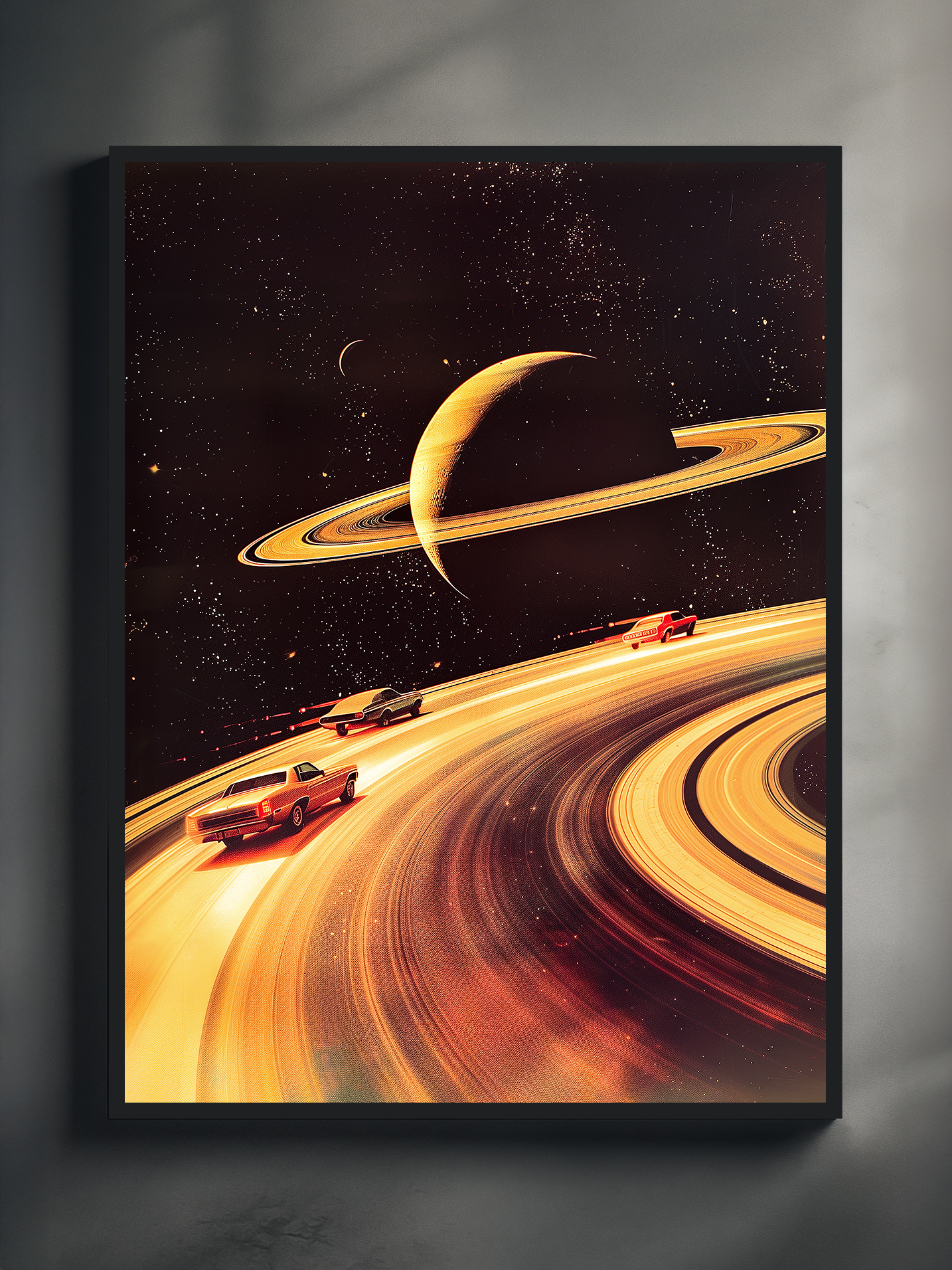 A surreal sci-fi poster featuring vintage muscle cars racing along the glowing rings of Saturn in deep space, surrounded by stars and cosmic dust. The bold retro-futuristic design blends space exploration with classic car culture, creating a unique and visually striking wall art perfect for fans of astronomy, retro aesthetics, and imaginative art.