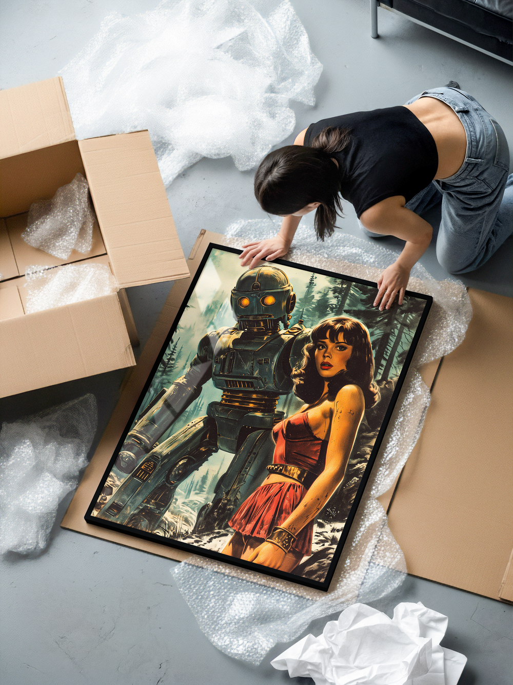 High quality retro futuristic sci fi art print featuring a vintage pulp style robot and heroine, presented in a premium black aluminum frame with museum grade 200gsm matte paper and shatterproof plexiglass. Designed for collectors seeking long lasting, gallery level wall art.