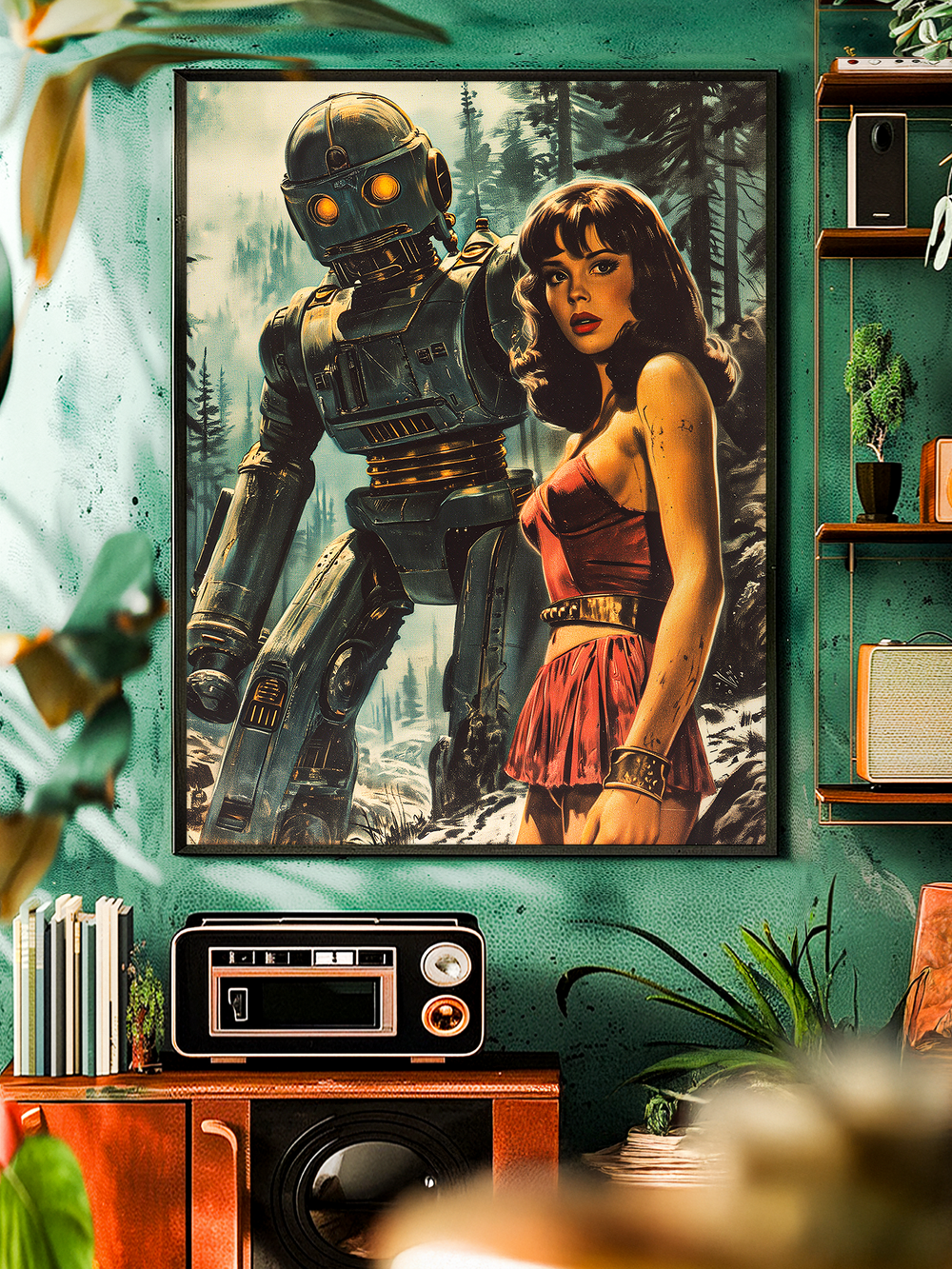 Retro-futuristic poster featuring a classic robot and woman in a forest setting, inspired by vintage sci-fi art from the 1950s. Perfect wall decor for lovers of nostalgic science fiction, cinematic aesthetics, and retro-futuristic design.