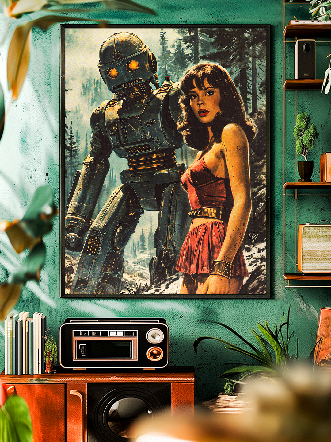 Retro-futuristic poster featuring a classic robot and woman in a forest setting, inspired by vintage sci-fi art from the 1950s. Perfect wall decor for lovers of nostalgic science fiction, cinematic aesthetics, and retro-futuristic design.