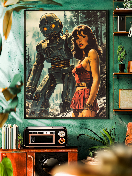 Retro-futuristic poster featuring a classic robot and woman in a forest setting, inspired by vintage sci-fi art from the 1950s. Perfect wall decor for lovers of nostalgic science fiction, cinematic aesthetics, and retro-futuristic design.