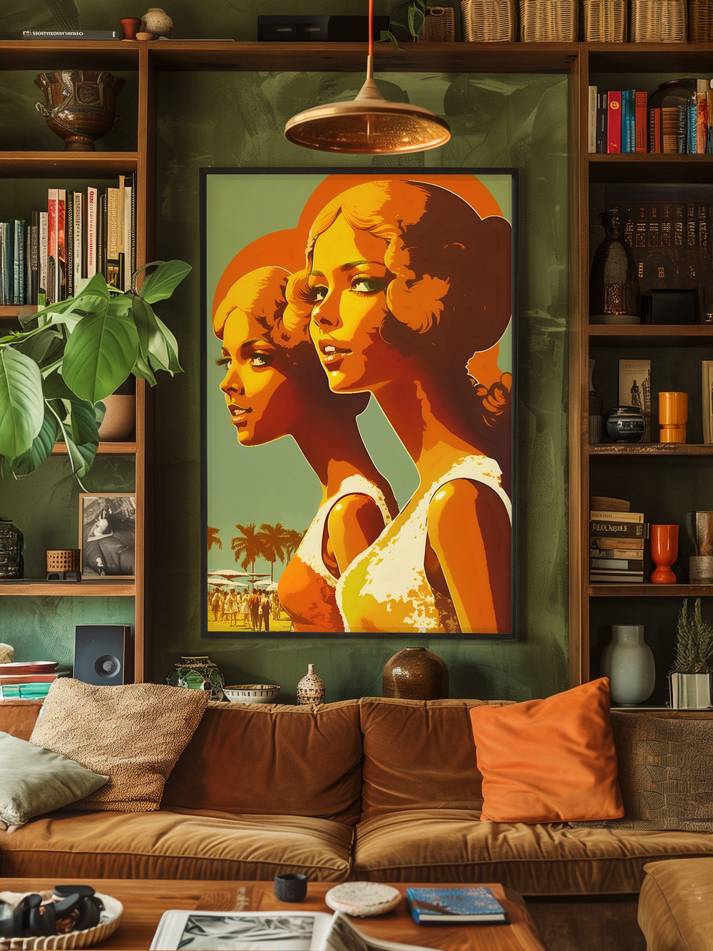 A stylish living room featuring a large, vibrant retro-style portrait of two women with orange and green tones hanging on a dark green wall. The room includes built-in bookshelves filled with books, plants, and decor items. A brown velvet sofa with orange and beige pillows sits in front, complemented by a wooden coffee table with books and accessories, creating a cozy, curated vintage aesthetic.