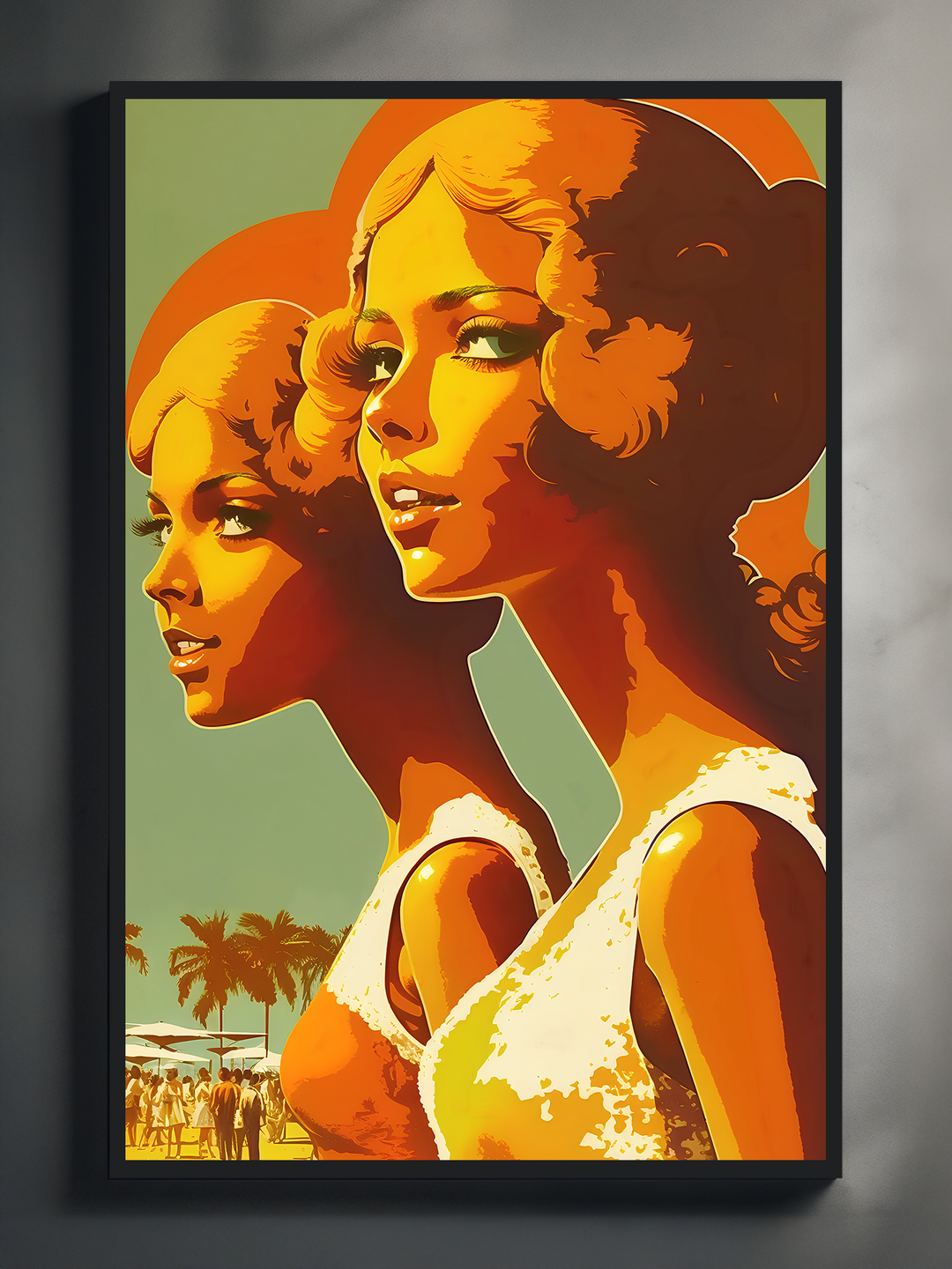 Bold retro-style artwork of two women in white dresses with voluminous hair, set against a pastel green and orange background with palm trees and a beach crowd. The framed poster is mounted on a neutral wall with soft light, giving it a vintage summer atmosphere.