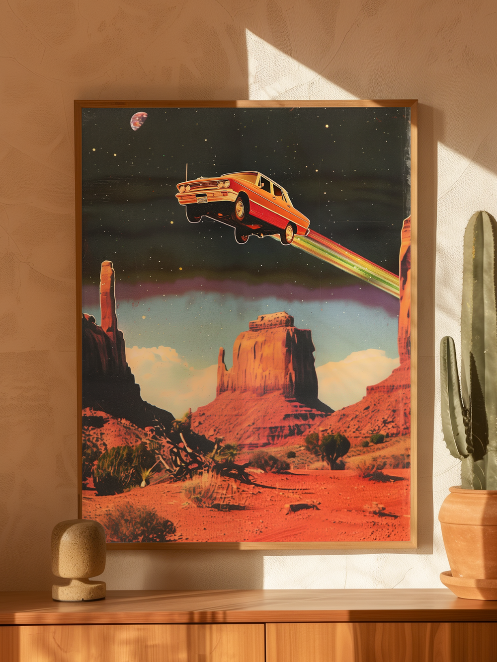 Framed retro sci-fi poster showing a vintage red car flying over a desert canyon landscape, standing on a wooden sideboard next to a cactus in a minimalist room.