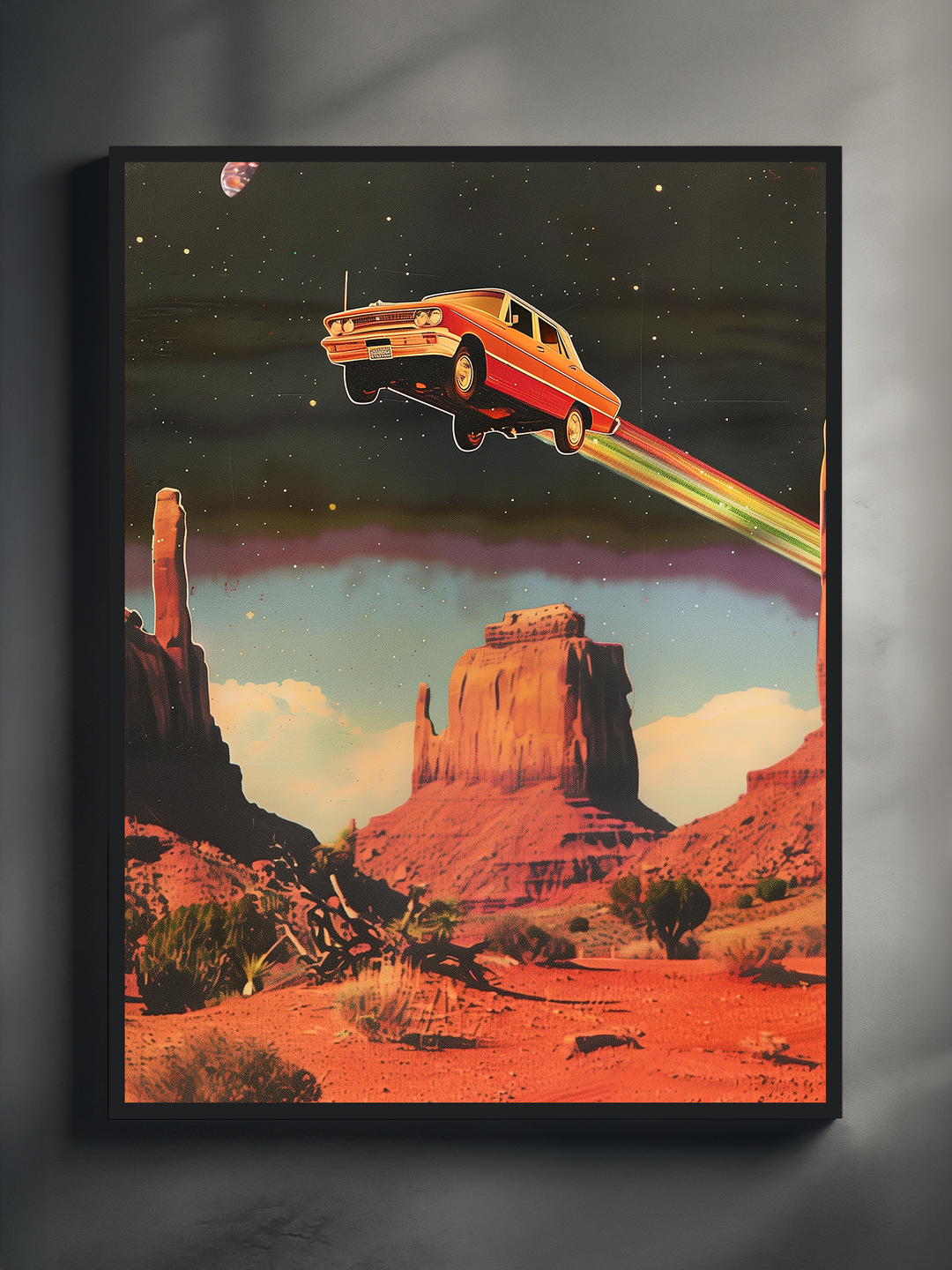 Colorful retro poster of a red vintage car flying through a starry desert sky, framed and displayed on a light wall in a minimalist, modern interior setting.