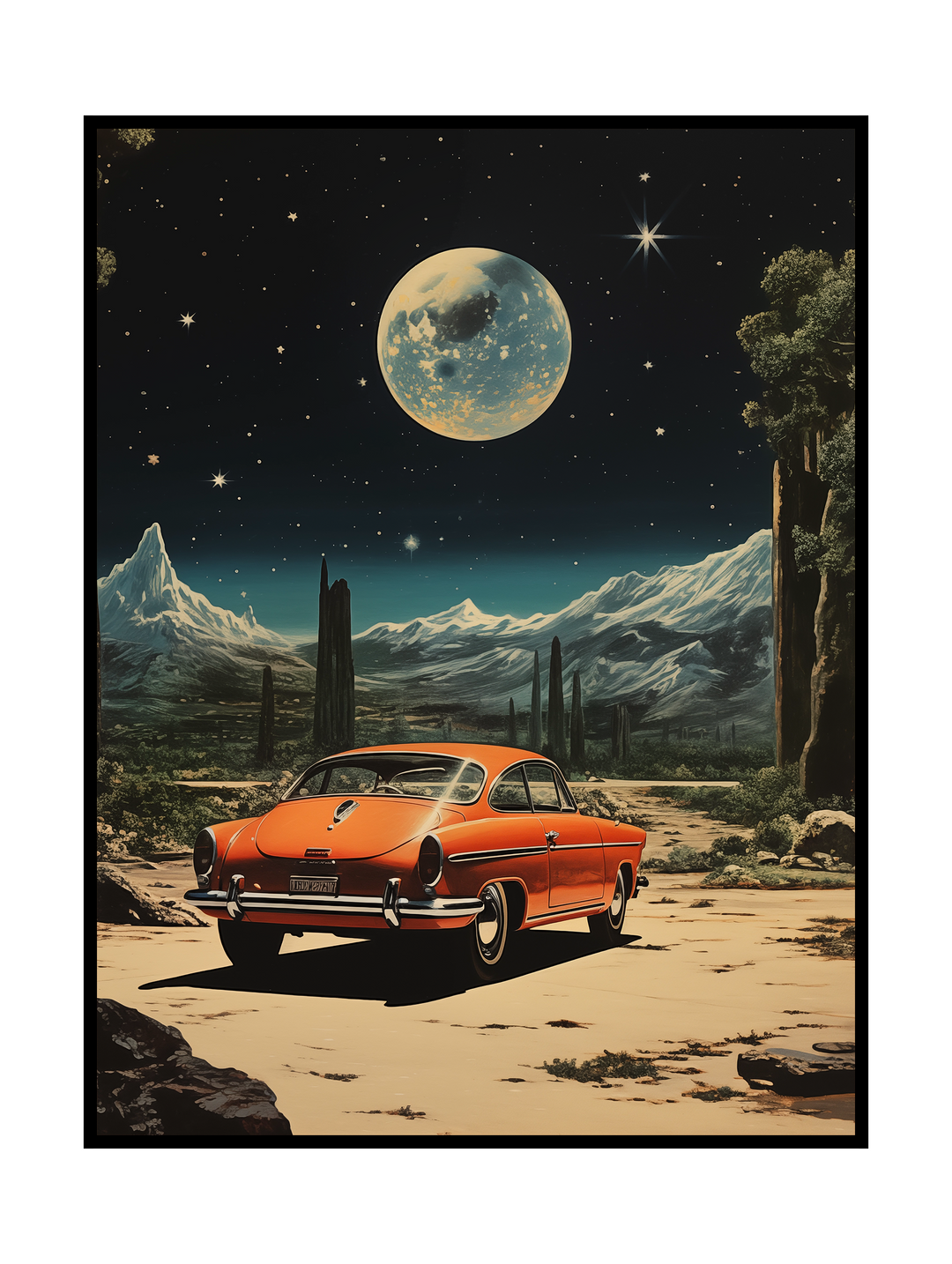 Cinematic wall art poster featuring a classic orange vintage car parked on a quiet desert road beneath a glowing full moon and star-filled night sky. Snow-capped mountains, tall cacti and a surreal nocturnal atmosphere create a nostalgic, retro-futuristic scene with strong depth and mood. Dreamlike automotive artwork designed as statement wall art for modern interiors, studios or retro-inspired living spaces.
