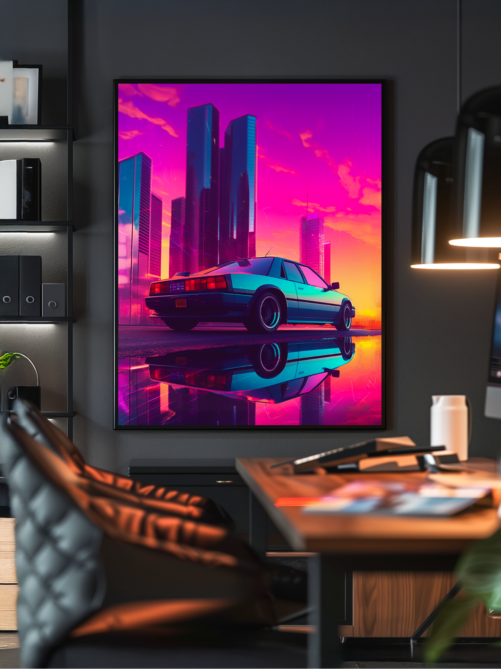 A retro-style poster featuring a vintage sports car parked in front of a futuristic neon-lit city skyline with mirrored reflections, displayed in a modern office setting with warm lighting, sleek furniture, and an organized desk in the foreground.